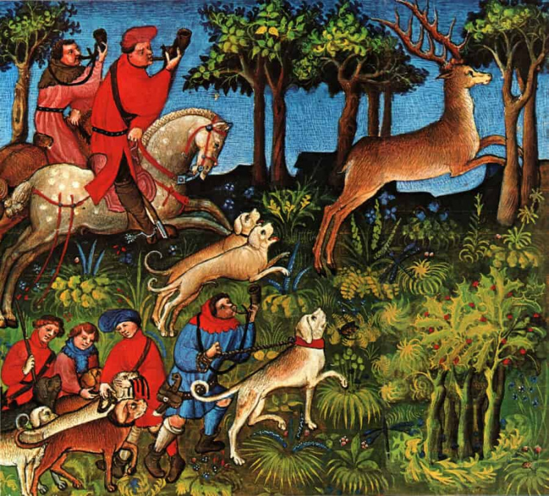 Image du Livre de la Chasse montrant des relais de chiens courant sur le chemin du cerf