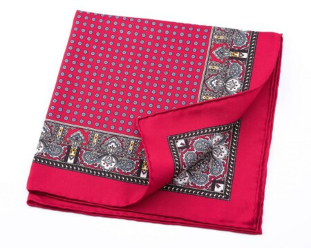 Quadrado de bolso de seda vermelha com motivos pontilhados e Paisley Fort Belvedere