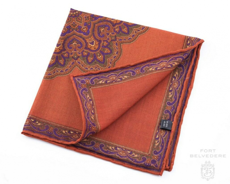 Paljeno narančasti džepni kvadrat od svilene vune s motivima paisleya - Fort Belvedere