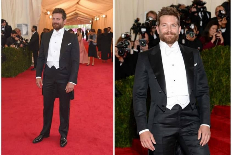 Bradley Cooper no Met Gala Ball 2014 em conjunto de gravata branca Tom Ford. 2 botões frontais, punhos simples, calças muito apertadas, não a corrente do relógio