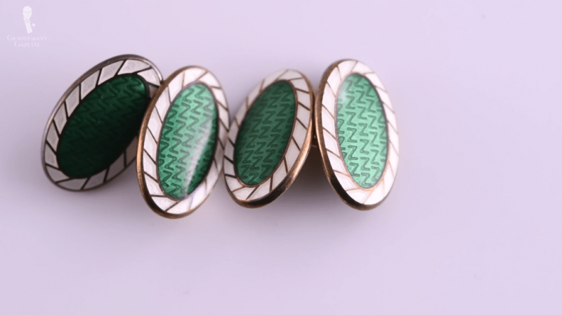 Botões de punho em corrente de esmalte cloisonne verde e branco em prata de lei com banho de ouro