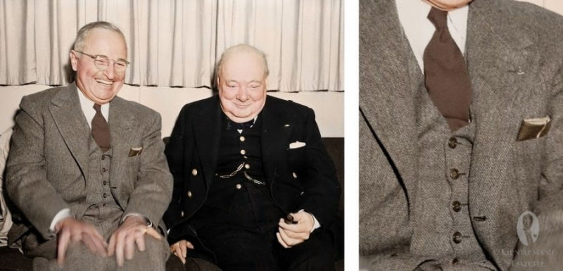 Barleycorn Suit s hnědou kravatou a kapesníčkem s Churchillem