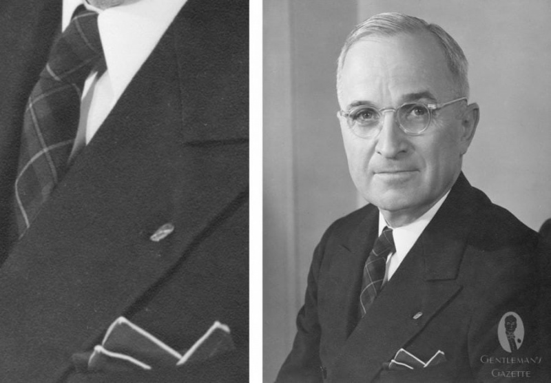 Truman s tartanovou kravatou a ručně rolovanou kapsičkou s kontrastním okrajem