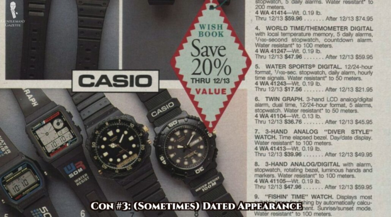 Starý inzerát zobrazující různé digitální hodinky Casio, které vypadají poněkud zastarale.