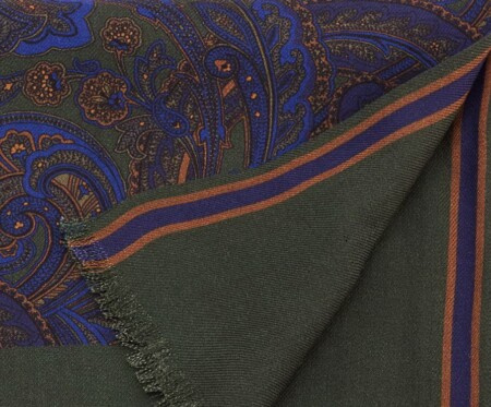 Lenço reversível em lã de seda verde e azul Paisley e listras