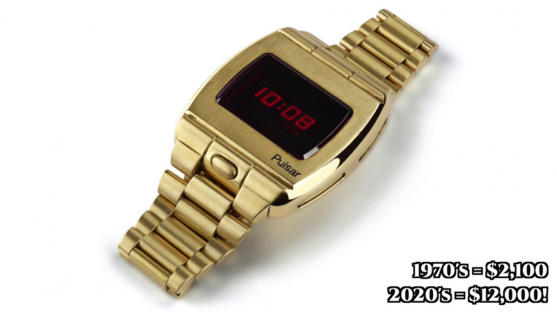 Zlaté digitální hodinky Pulsar.