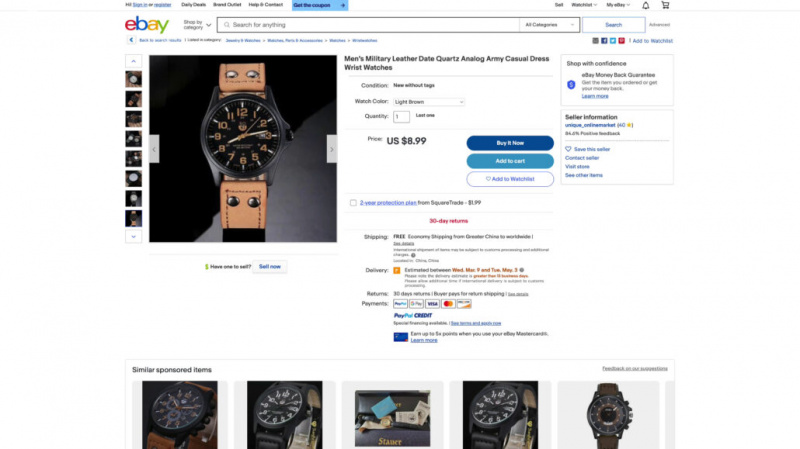 Seznam šatových hodinek na eBay