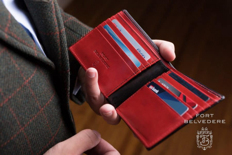 Carteira de couro masculina em boxcalf preto e vermelho para cartão de crédito de 10 por Fort Belvedere