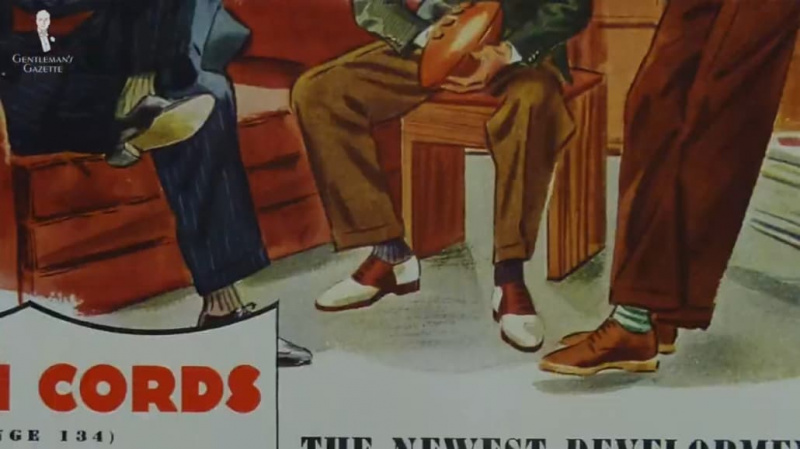 Plusieurs exemples de chaussures des années 1930 ; (G-D) oxford noir, oxford spectateur bicolore, derby marron moyen.