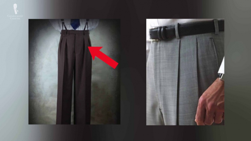 À gauche : pantalon à plis orientés vers l