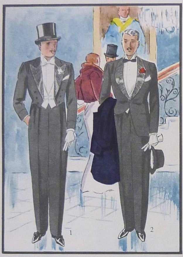 Deux hommes en cravate blanche et noire, respectivement, apparaissent dans une illustration de mode vintage