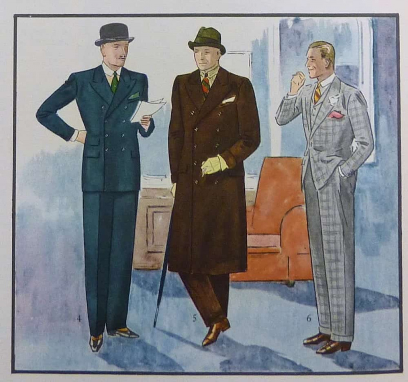 Trois hommes dans divers costumes et pardessus typiques du début des années 1930