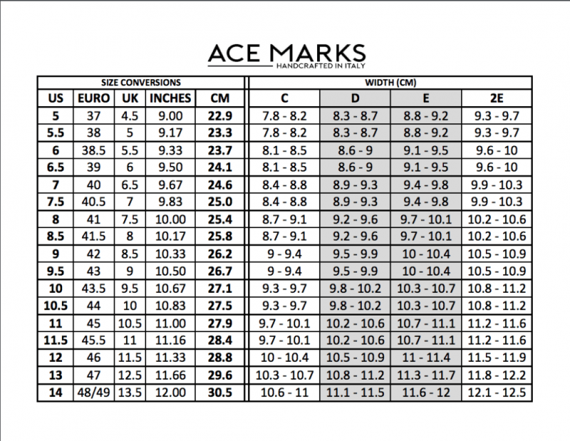 Gráfico de conversão de tamanho Ace Marks