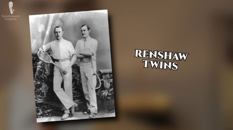 Les Renshaw Twins, célèbres joueurs de tennis, portant des chaussures blanches et bicolores.