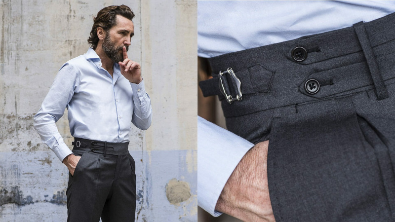 Un mannequin présente quelques-uns des vêtements de la nouvelle venue parisienne Pini Parma ; le pantalon à réglage latéral est détaillé à droite.