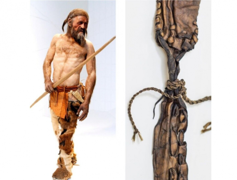 Uma versão esculpida em tamanho real de Ötzi, o Homem do Gelo, usando sua bolsa no cinto, também visível em seu estado original à direita.