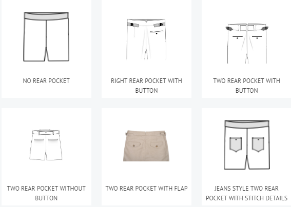Certaines des options de poche arrière sur les pantalons sur mesure personnalisés de Luxire.