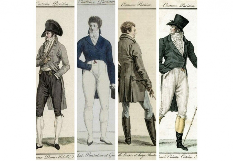 1800-luvun alun ranskalaiset muotikuvitukset, jotka korostavat miesten vaatteiden taskuja, mukaan lukien toisten vaatteiden mielenkiintoinen sijoitus.