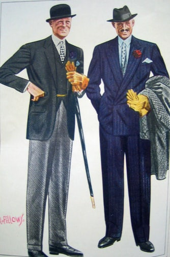 Illustration de mode des années 1930 montrant un costume de poussette avec une veste à revers cranté noir et un pantalon gris en sergé uni à gauche et un costume à rayures craie marine à droite