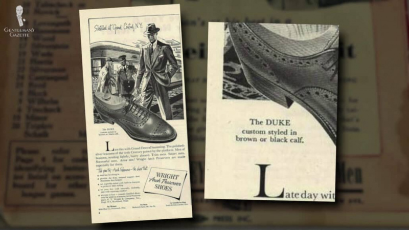 Um anúncio de sapato Wright Arch Preserver da década de 1940 para o modelo Duke com estilo personalizado.