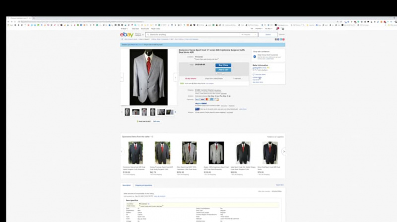 Uma lista do eBay para um terno de segunda mão.