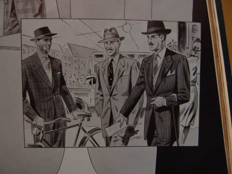Una ilustración de caballeros con traje en la década de 1940.
