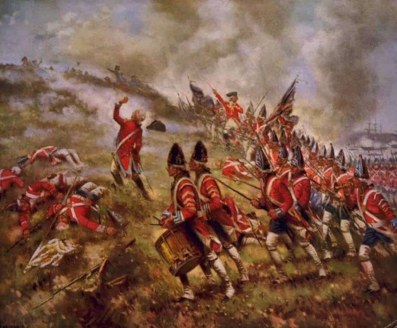 Exército Britsh em 1775 em uniformes visíveis vermelhos brilhantes com calças brancas - bonito, mas não prático