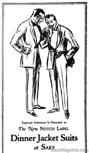 Anúncio da Saks de 1922. A popularidade da lapela entalhada na década de 1920 veio às custas da gola xale.