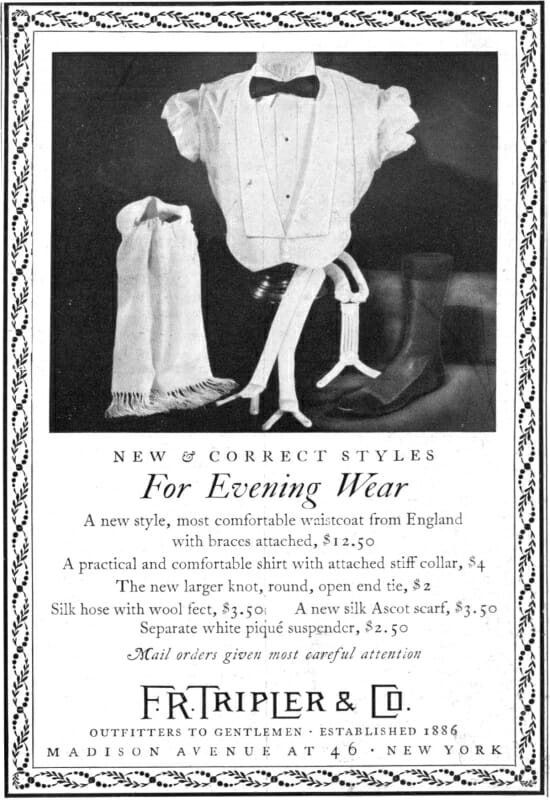 Reklama na večerní oblečení z roku 1936 na nejpohodlnější vestu z Anglie se šlemi za 12,50 $