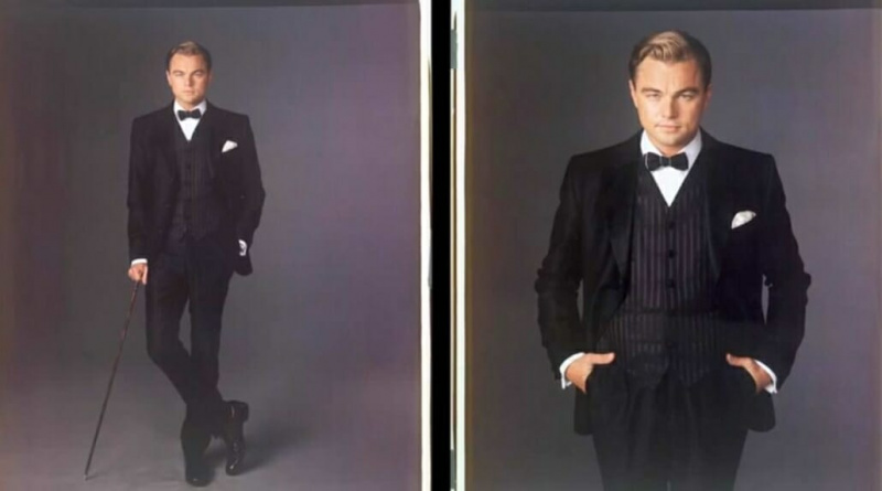 Gatsby Smoking black tie com colete listrado incomum e gravata borboleta com detalhes em branco