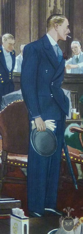 Uma ilustração de um terno de peito duplo com botão de baixo desabotoado