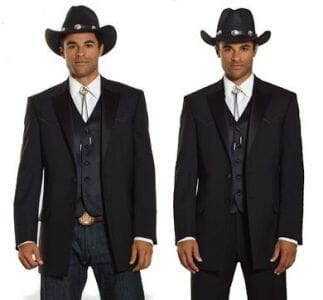 Westernizovaná smokingová bunda s předním a zadním zvýrazněným sedlem. Nošené s kravatou a vestou a srovnání společenských kalhot a tmavých džín.