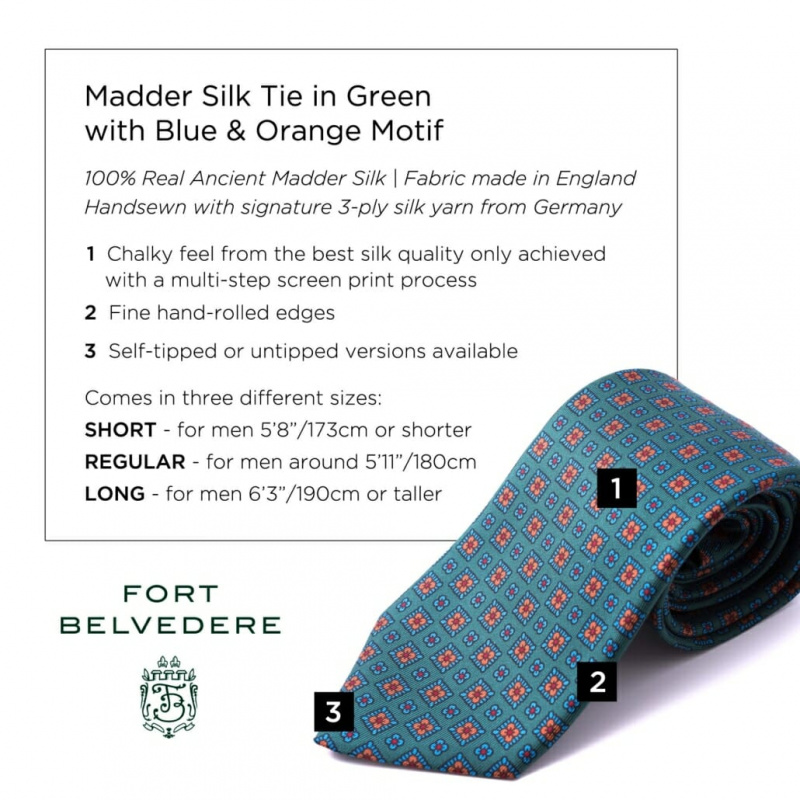 Мадер свилена кравата у зеленој боји са плавим наранџастим мотивом - Форт Белведере