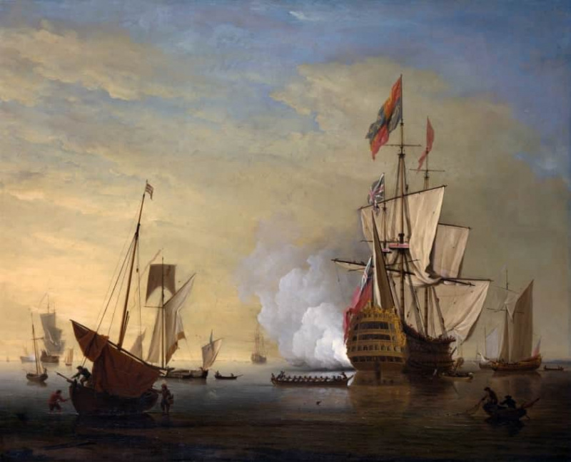 Енглески брод са опуштеним једрима пуца из пиштоља Питера Монамија