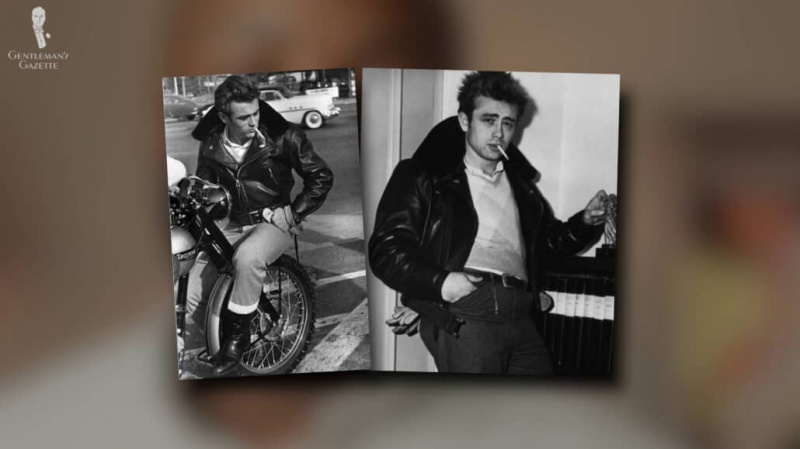Deux photos de James Dean portant une veste perfecto