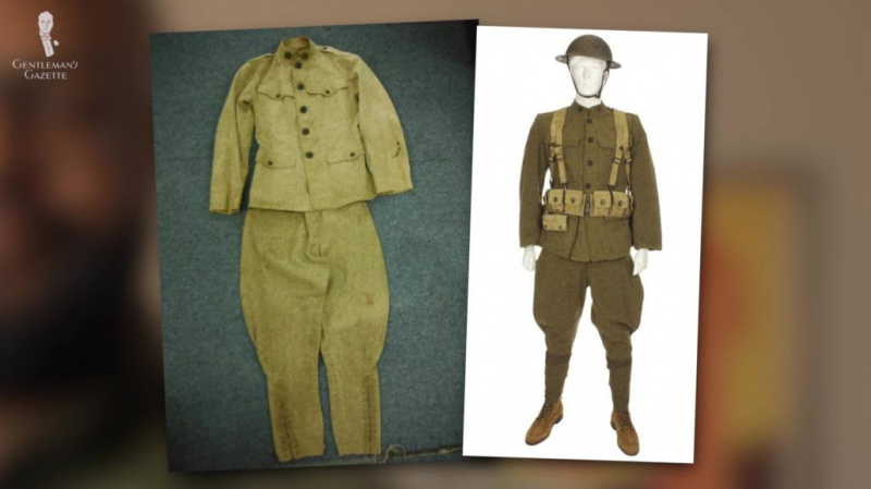 Uniformes de guerra cáqui e verde-oliva usados ​​por soldados durante a Primeira Guerra Mundial