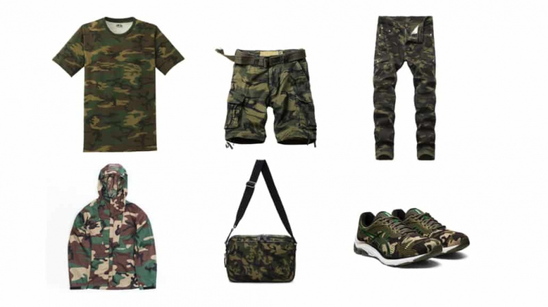 Různé camo položky: košile, cargo šortky, kalhoty, mikiny s kapucí, taška, tenisky.