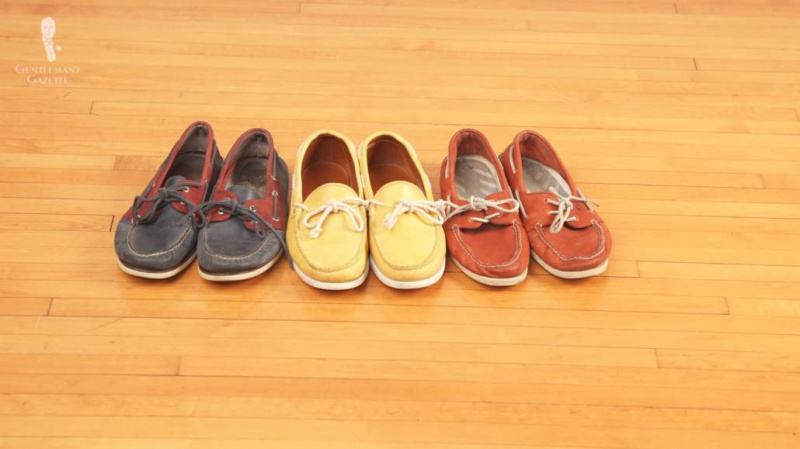 Lodní boty v námořnické, žluté a oranžovo-červené barvě