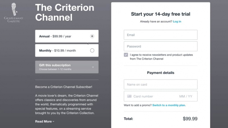 A interface da Web do Criterion Channel