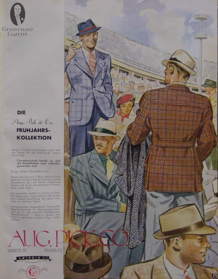 Rugpjūčio Pick pavasario kolekcija. Co. Leipcigas nuo 1937 m. rodo įdomius mėlynos, pilkos ir rudos spalvų derinius