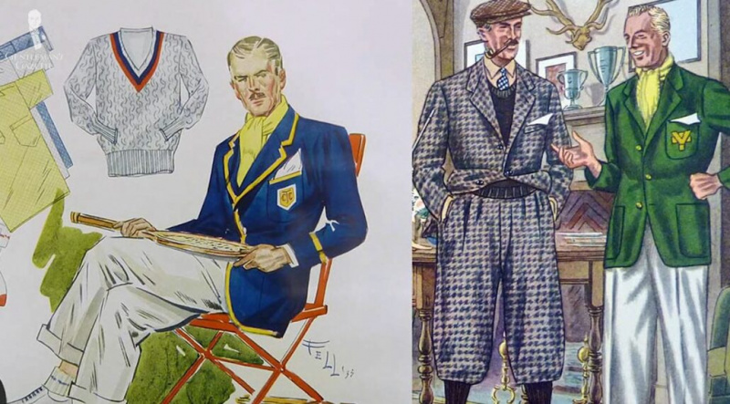 Uma ilustração da década de 1930 de cavalheiros vestindo blazers com cristas