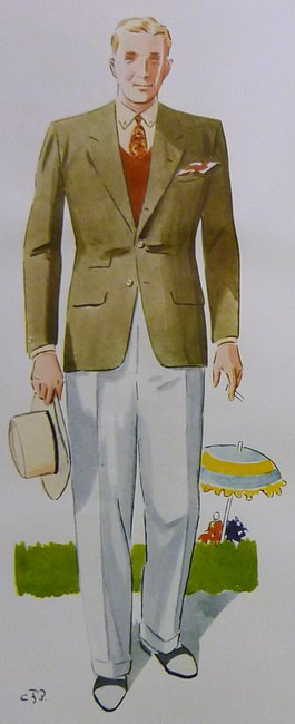 Loavt Greenjacket avec un pantalon blanc. pull rouge à col en v, chemise à col boutonné et cravate