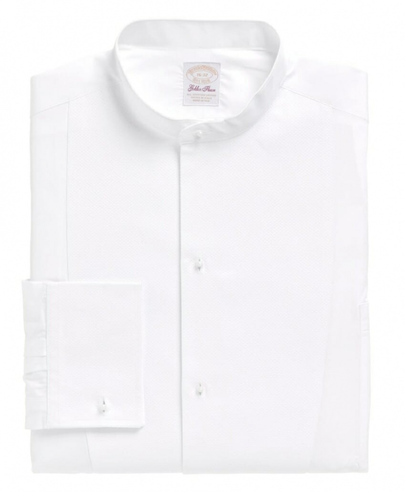 Camisa Brooks Brothers White Tie com punhos únicos rígidos incorretamente descritos como camisa French Cuff Tuxedo