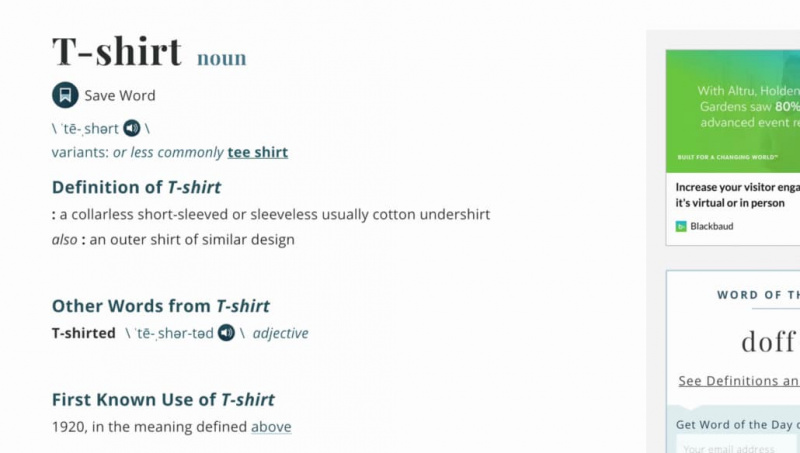 Dictionnaire Merriam-Webster en 1920 au terme T-shirt