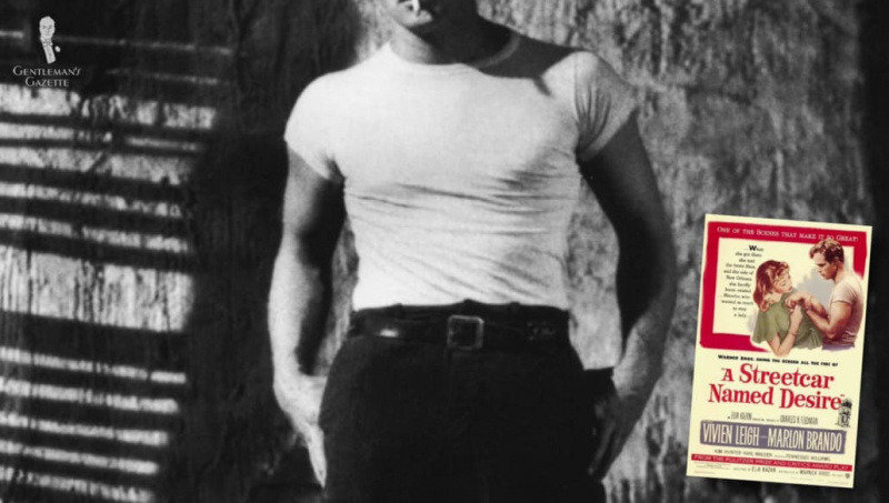 Marlon Brando vestindo uma camiseta branca em Um Bonde Chamado Desejo.