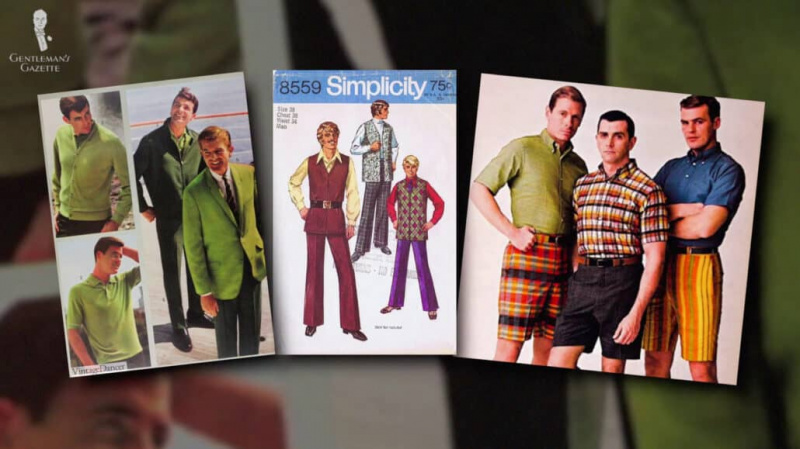 Cavalheiros da década de 1960 vestindo diferentes cores ousadas e roupas estampadas.