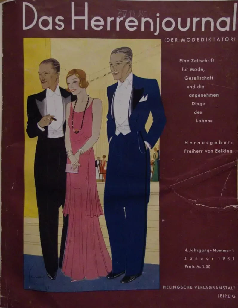 1931 - Насловница Херрењоурнал - Обратите пажњу на поноћно плави, бели фрак са краватом са десне стране са ланцем за сат и ББ прслуком са 2 дугмета