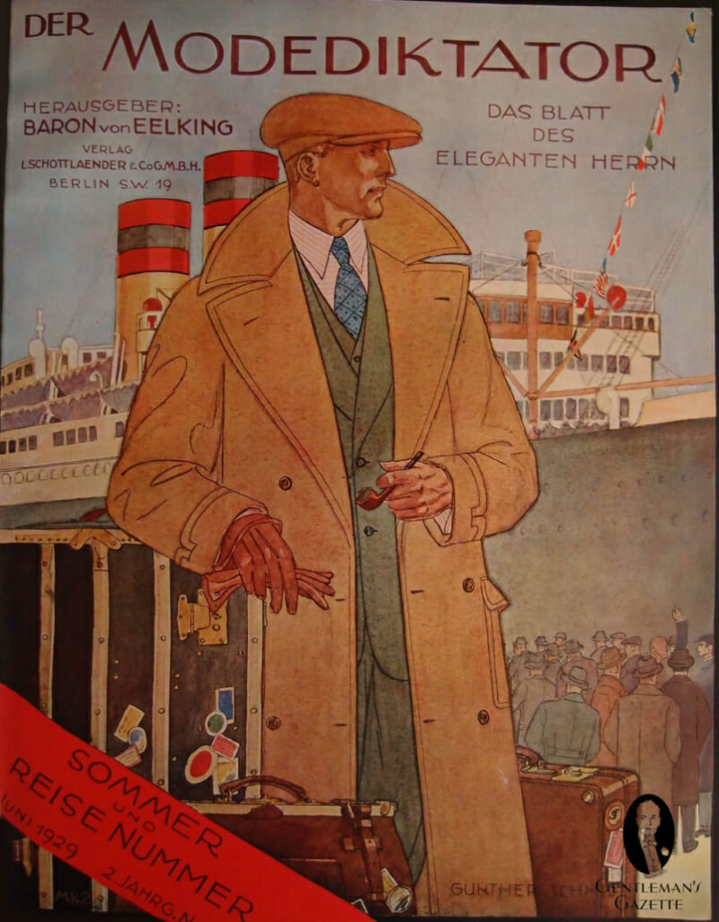 Une illustration de mode de 1929 montre un gentleman pimpant avec une casquette plate, un impressionnant pardessus à revers pointu et un costume vert qui seraient tous portables aujourd