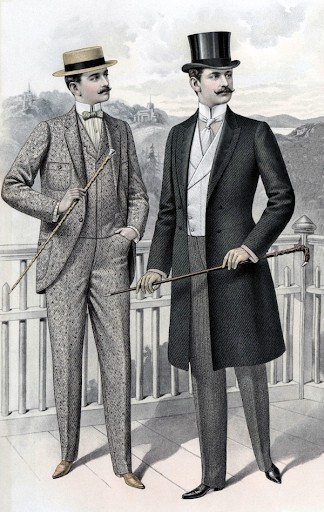 Une gravure de mode de la fin du XIXe siècle représentant deux hommes portant des gilets