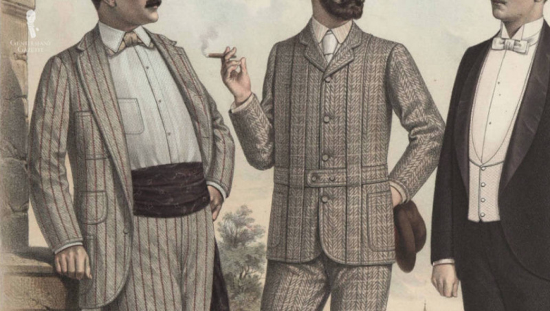 Cummerbund (vlevo) a vesta v módní ilustraci